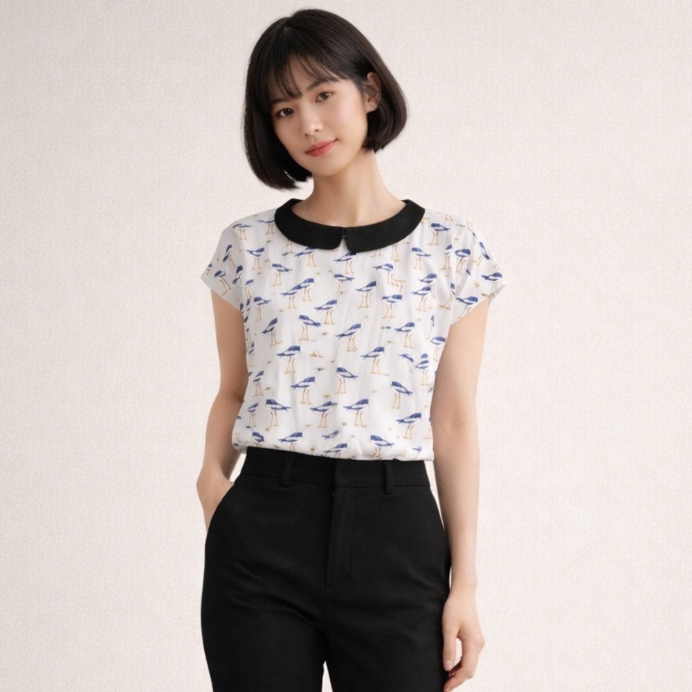 Zara Bird Print Blouse w/ Black Peter Pan Collar | Size Small